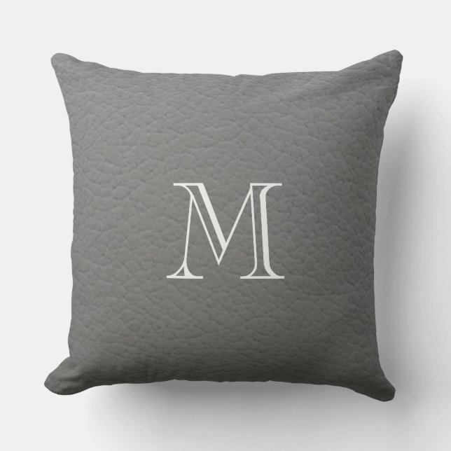 Grey leather texture monogram throw pillow (Front)