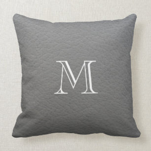 Grey leather texture monogram throw pillow