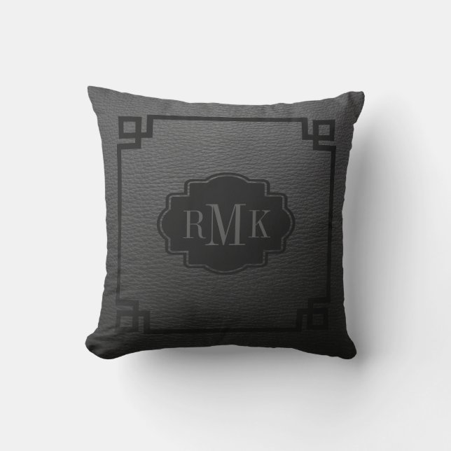 Grey Leather Texture Print With Black Frame Outdoor Pillow (Front)