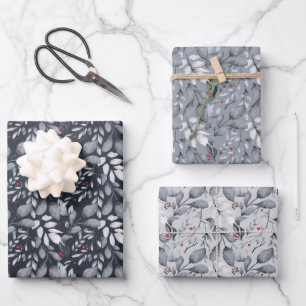 Grey Leaves and Red Berries Wrapping Paper Sheets