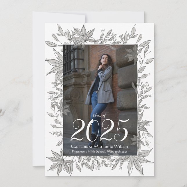 Grey Leaves Photo Graduation Announcement (Front)