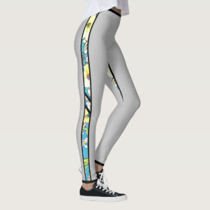Grey Leggings with Blue Floral Side Stripe