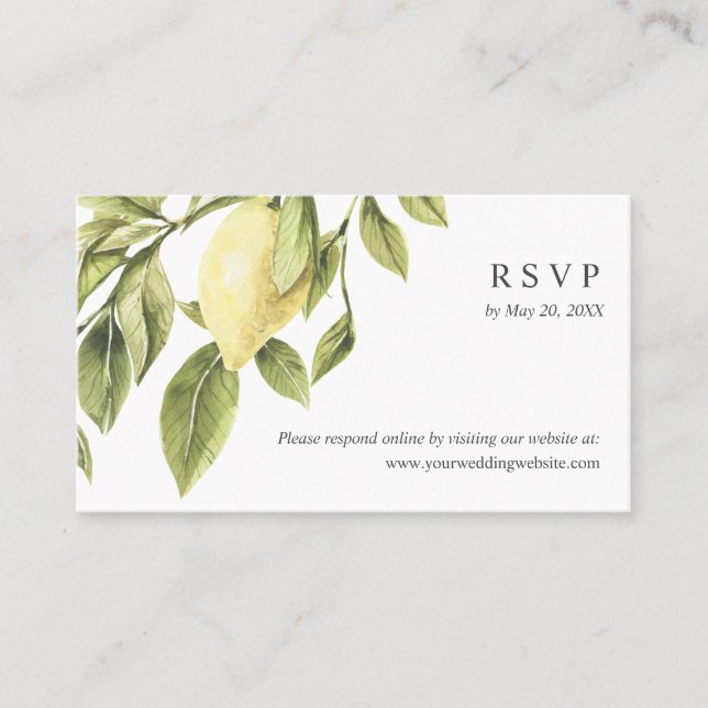 Grey | Lemon  leaves Wedding  RSVP Online Website Business Card (Front)