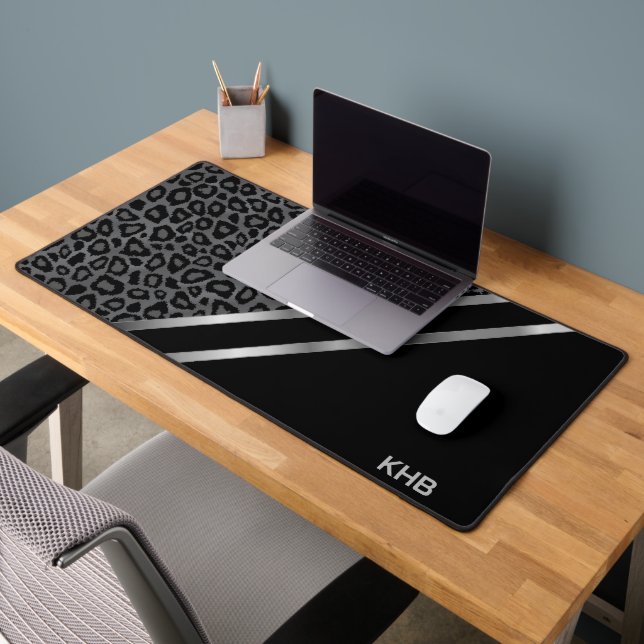 Grey Leopard Animal Print - Monogram Desk Mat (Office 2)