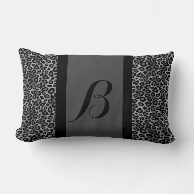 Grey Leopard Animal Print Pattern | Monogram Lumbar Pillow (Front)