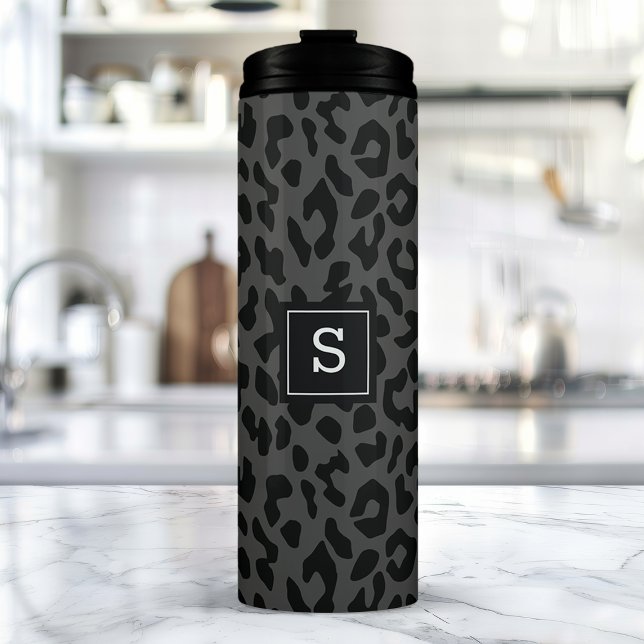 Grey Leopard Animal Print Pattern Monogrammed Thermal Tumbler (Creator Uploaded)