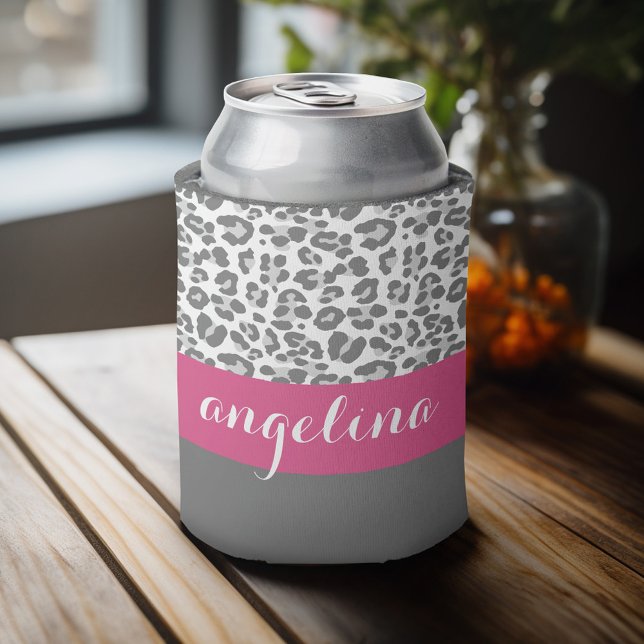 Grey Leopard Print Pattern with Pink Name Can Cooler (Celebrate with a personalized can cooler - add your name or monogram. Great party favor or gift)