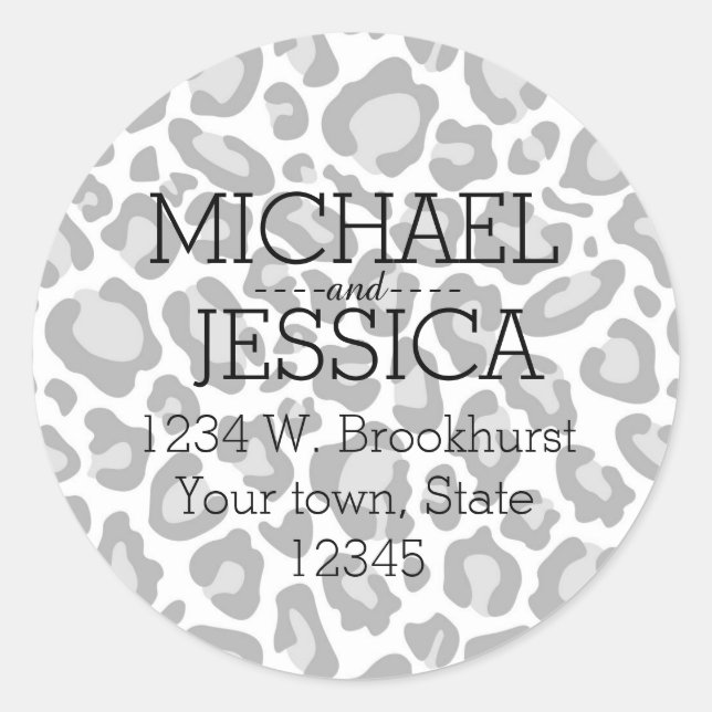 Grey Leopard print Personalized address Classic Round Sticker (Front)