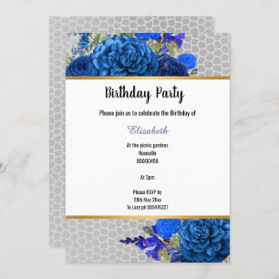 GREY LEOPARD ROYAL BLUE FLORAL INVITATION