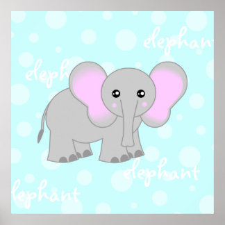Grey / Light Blue Baby Elephant Cute Poster Print