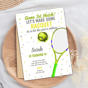 Grey Light Green Tennis Birthday Invitations