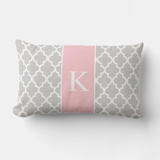 Grey Light Pink Moroccan Custom Monogram Lumbar Pillow (Front)