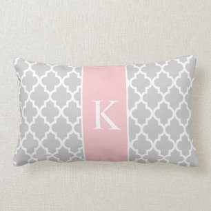 Grey Light Pink Moroccan Custom Monogram Lumbar Pillow