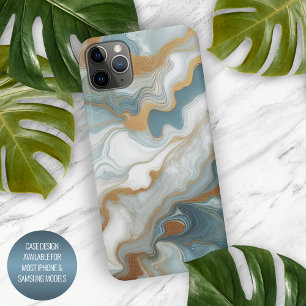 Grey Light Teal Blue Gold Marble Art Pattern iPhone 15 Pro Max Case