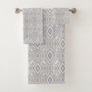 Grey, lilac, coral, diamonds on a white bath towel set