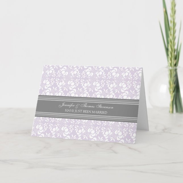 Grey Lilac Damask Just Married Announcement Card (Front)