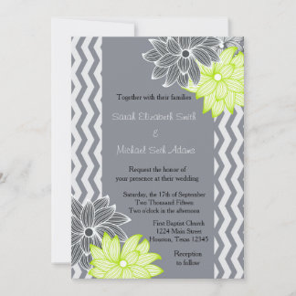 Grey Lime Green Chevron Floral Wedding Invitation