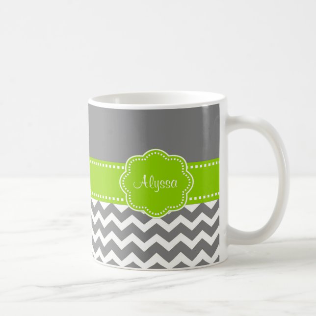 Grey Lime Green Chevron Personalized Mug (Right)
