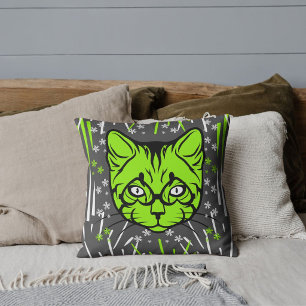 Grey Lime White Black Modern Cute Cat Colourful Throw Pillow