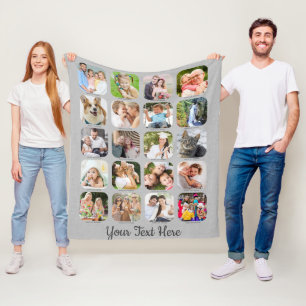 Grey Linen 20 Photo Collage Captions Script Name Fleece Blanket