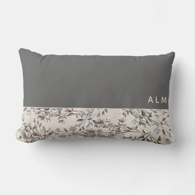 Grey & Linen Beige Floral | Monogram Lumbar Pillow (Front)