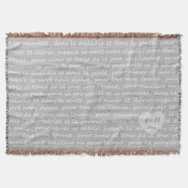 Grey Linen Burlap Look with French Wedding Vows Throw Blanket (Front)