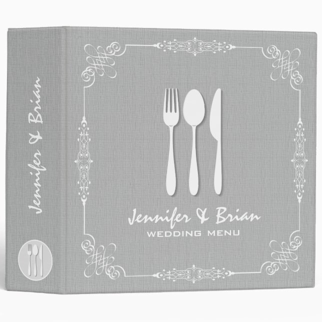 Grey Linen Burlap White Frame Wedding Menu 2 Binder (Front/Spine)