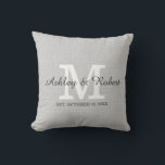 Grey Linen Coal White Monogram Wedding Keepsake Throw Pillow<br><div class="desc">Personalized grey linen coal white custom monogram wedding keepsake pillow. A perfect wedding gift for the bride and groom featuring the bride and groom's names, initial and wedding date. Customize the family monogram and newlywed's names and date of their wedding ceremony by using the text template to easily personalize their...</div>