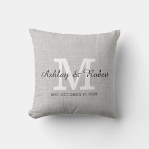 Grey Linen Coal White Monogram Wedding Keepsake Throw Pillow