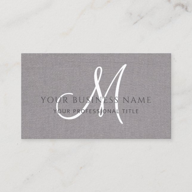 Grey Linen Grey Simple Minimal Monogram Business Card (Front)