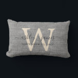 Grey Linen Ivory Monogram Wedding Keepsake Lumbar Pillow<br><div class="desc">Elegant wedding keepsake grey woven linen effect pillow with your text in dark grey chic handwritten script calligraphy. Simply add your names, monogram and wedding date. Great gift for a newlywed couple. Exclusively designed for you by Happy Dolphin Studio. If you need any help or matching products, please contact us...</div>