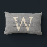 Grey Linen Ivory Monogram Wedding Keepsake Lumbar Pillow<br><div class="desc">Elegant wedding keepsake grey woven linen effect pillow with your text in dark grey chic handwritten script calligraphy. Simply add your names, monogram and wedding date. Great gift for a newlywed couple. Exclusively designed for you by Happy Dolphin Studio. If you need any help or matching products, please contact us...</div>