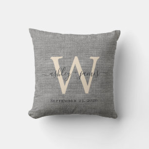 Grey Linen Ivory Monogram Wedding Keepsake Throw Pillow