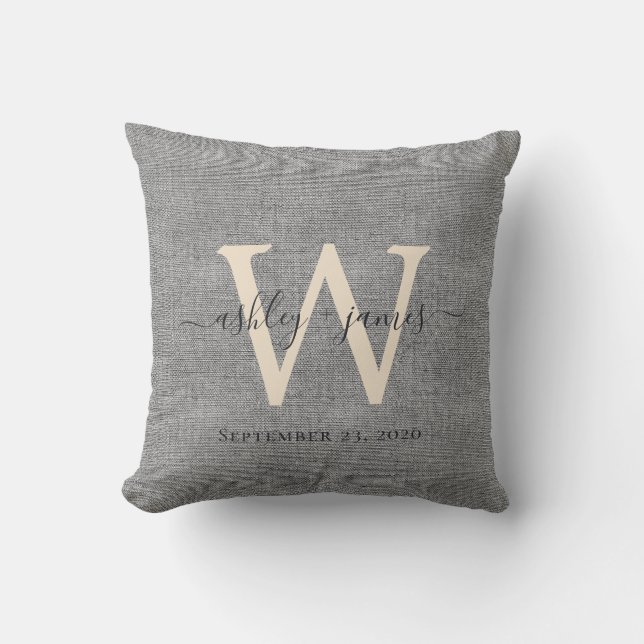Grey Linen Ivory Monogram Wedding Keepsake Throw Pillow (Front)