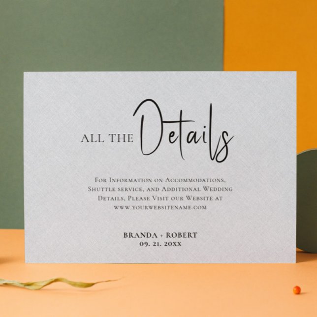 Grey Linen Simple Black Script Wedding Details Invitation (Creator Uploaded)