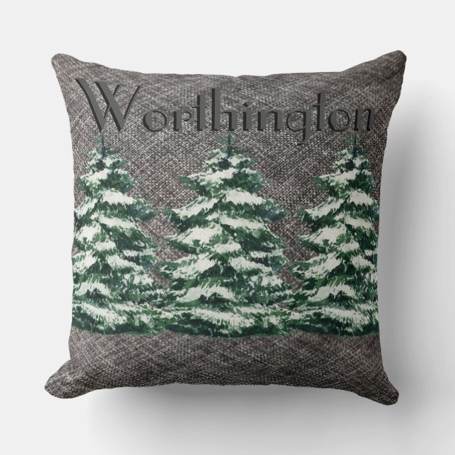 Grey Linen Snowy Evergreen Trees Name Throw Pillow (Front)