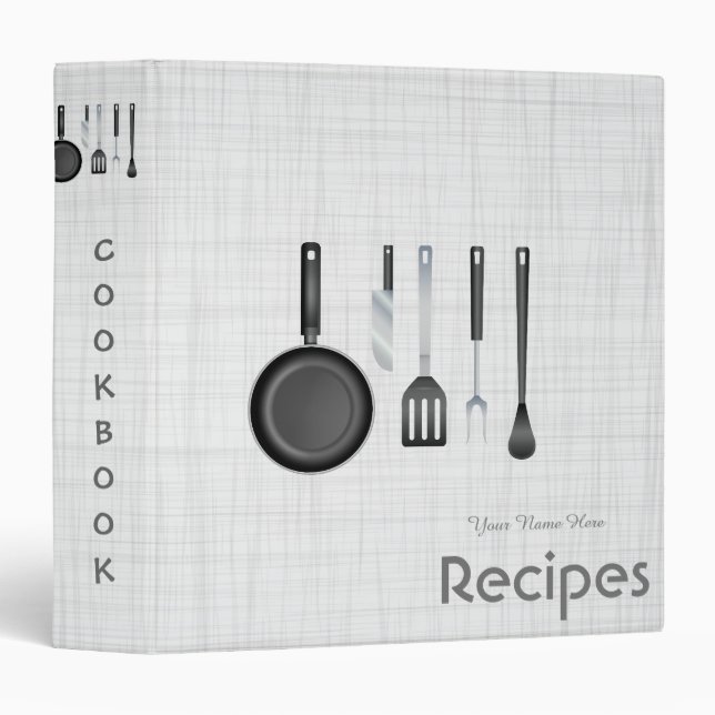 Grey linen texture utensils recipe binder book (Front/Spine)
