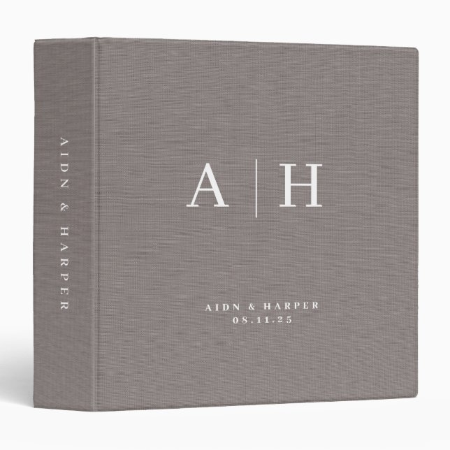 Grey Linen Texture Wedding Note Custom Monogram Binder (Front/Spine)