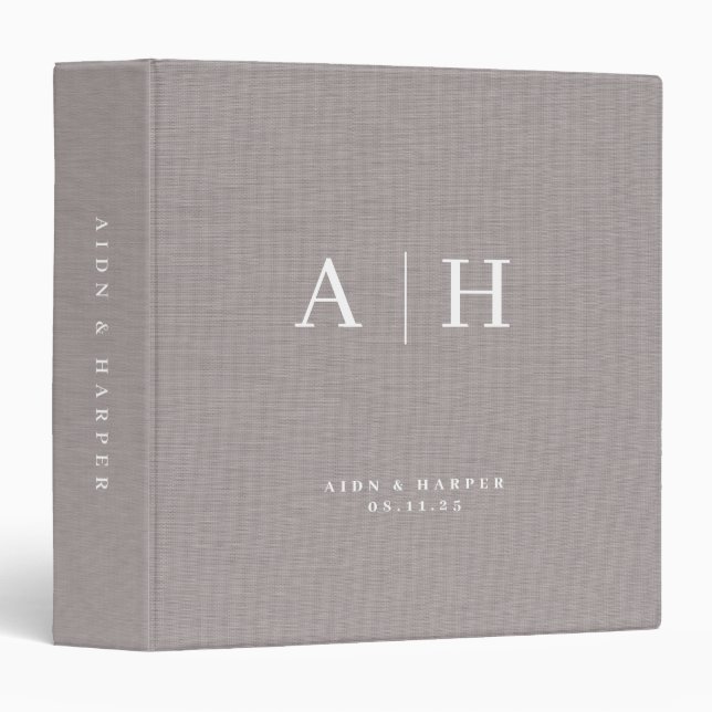 Grey Linen Texture Wedding Note Custom Monogram Binder (Front/Spine)