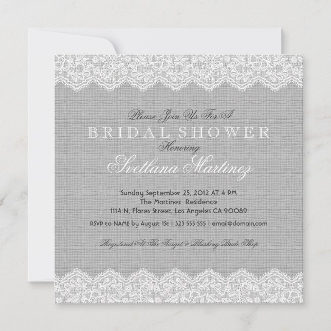 Grey Linen Texture & White Vintage Lace Invitation (Front)