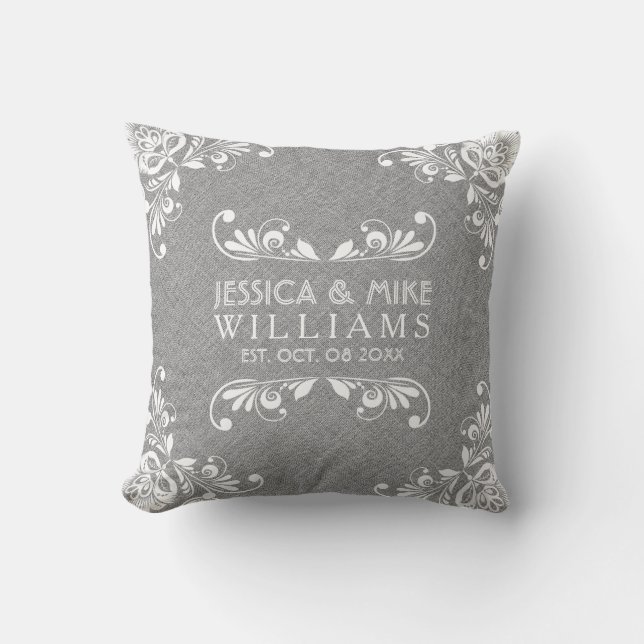 Grey Linen & White Floral Accents Wedding Design Throw Pillow (Front)