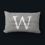 Grey Linen White Monogram Wedding Keepsake Lumbar Pillow<br><div class="desc">Elegant wedding keepsake grey woven linen effect pillow with your text in dark grey chic handwritten script calligraphy. Simply add your names, monogram and wedding date. Great gift for a newlywed couple. Exclusively designed for you by Happy Dolphin Studio. If you need any help or matching products, please contact us...</div>