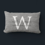 Grey Linen White Monogram Wedding Keepsake Lumbar Pillow<br><div class="desc">Elegant wedding keepsake grey woven linen effect pillow with your text in dark grey chic handwritten script calligraphy. Simply add your names, monogram and wedding date. Great gift for a newlywed couple. Exclusively designed for you by Happy Dolphin Studio. If you need any help or matching products, please contact us...</div>