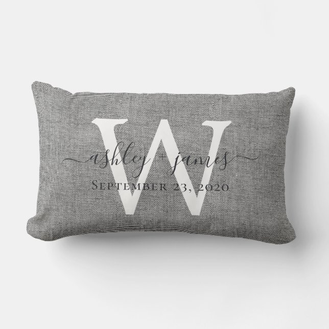 Grey Linen White Monogram Wedding Keepsake Lumbar Pillow (Front)