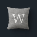 Grey Linen White Monogram Wedding Keepsake Throw Pillow<br><div class="desc">Elegant wedding keepsake grey woven linen effect pillow with your text in dark grey chic handwritten script calligraphy. Simply add your names, monogram and wedding date. Great gift for a newlywed couple. Exclusively designed for you by Happy Dolphin Studio. If you need any help or matching products, please contact us...</div>