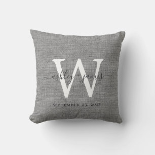 Grey Linen White Monogram Wedding Keepsake Throw Pillow