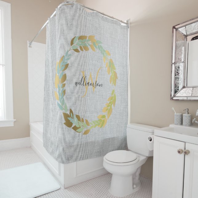 Grey Linen With Gold Wreath Farmhouse Monogrammed (In Situ)