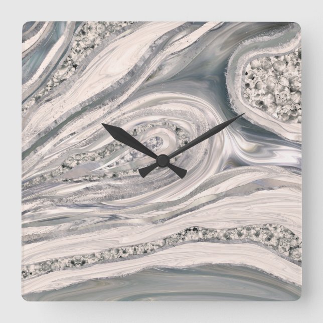 Grey liquid marble and crystal - pearl and silver square wall clock (Front)