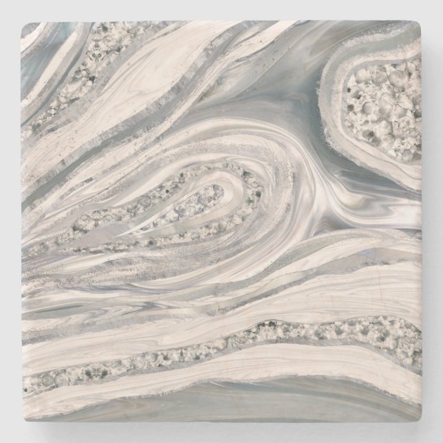 Grey liquid marble and crystal - pearl and silver stone coaster (Front)