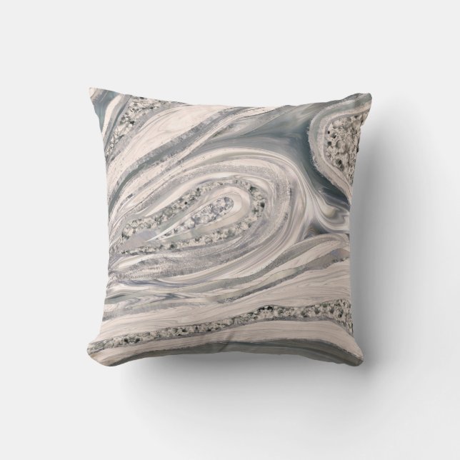 Grey liquid marble and crystal - pearl and silver throw pillow (Front)